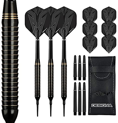 DESIGNA DARTS Mako | 20g Softtip Electro Brass Dartset mit geradem Barrel inkl. 6 Standard Flights, 6 Schäften, Checkout-Karte und Aufbewahrungsbox, M1, schwarz