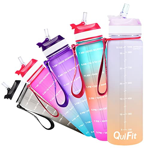 QuiFit 1 Litre Water Bottle - w/straw & Time Marker, BPA Free Non-Toxic Tritan Material,Leak-Proof,1000ml Sport Bottle for Cycling Fitness Outdoor Enthusiasts (Light purple/orange)