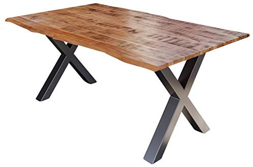 SAM Esstisch Dora 220 x 100 cm, Mangoholz massiv, lackiert & naturfarben, Baumkantentisch mit X-Metallgestell in Silber, echte Baumkante, 26 mm
