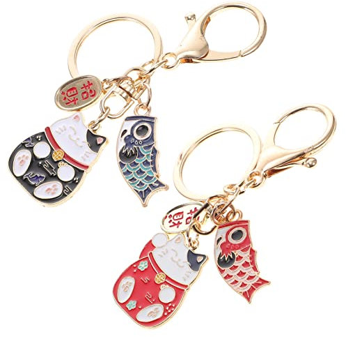 Tomaibaby Glückskatze Schlüsselbund Winkekatze schlüsselanhänger 2pcs Maneki Neko Katze Glücksbringer Rot Blau Japanische Katze Karpfen Schlüsselring Auto Geldbörse Rucksack Handtasche Anhänger