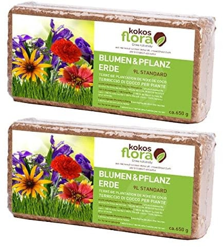 KOKOSFLORA 18L Kokoserde Ziegel 2 x 650 - Natürlich &Torffrei kokosfasern für Pflanzen Ideal für Innen und Außen - Topfpflanzen, Zimmerpflanzen, Balkonkästen, Gartenbeete.