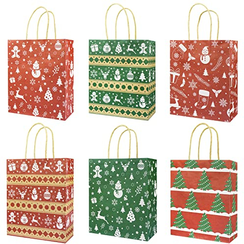 24 Stück Geschenktüten Weihnachten - 6 Stile Weihnachtstüten kraftpapier tüten mit Griffen zum Verpacken von Geschenken, Partyzubehör