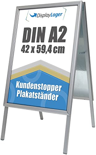 DisplayLager Qualité Danoise | Bouchon Client Alu-Line | 2 affiches (des deux côtés) | Support d'affiche résistant aux intempéries, support de passerelle, panneau publicitaire (argent, A2)