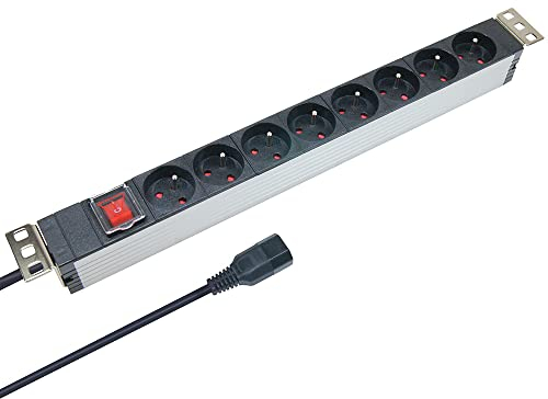 WAYTEX 37321 Steckdosenleiste 19 Zoll Rackable C14 Stecker – 8 Steckdosen mit Schalter – Aluminiumgehäuse – Kabel 1,80 m