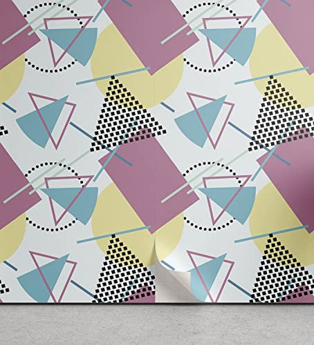 Ambesonne Retro Peel & Stick Wallpaper for Home, Pastel Colored Funky Geometrical Shapes from Eighties Nineties Memphis Style, Self-Adhesive Living Room Kitchen, 33 cm x 180 cm, Pink Pale Yellow
