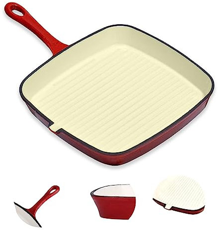 Home & Treat 24cm Cast Iron Square Griddle Frying Pan | Pre-Seasoned Non Stick 260°C Oven Proof Skillet Cookware Set All Hob | Easy Grip Handle (H&T-04)
