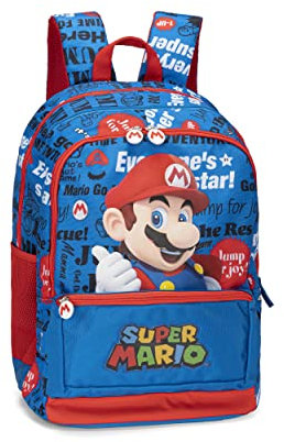SUPERMARIO - Rucksack für Mittelschule, Grundschule für Kinder und Jugendliche, mit gepolstertem und verstärktem Rücken, verstellbaren Schultergurten und Hauptfach + Fronttasche mit Reißverschluss, 32