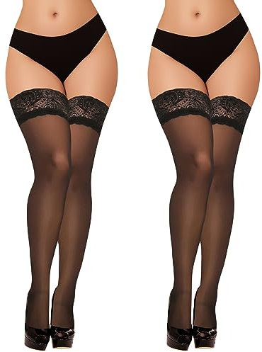 YOGINGO Sheer Lace Top Thigh High Stockings for Women - Silicone Bands Hold Up Lingerie Elegant and Comfortable(1 pair)
