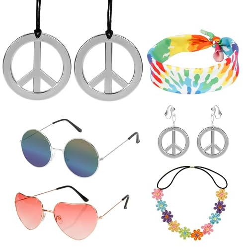 LAMEK 7Pcs Hippie Accessoires Set Hippie Kostüm 60er 70er Zubehör Retro Disco Kostümzubehör mit Brille Halskette Stirnband Ohrringe für Herren Damen Kostümparty Karneval Halloween