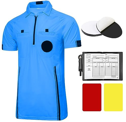 Pro Soccer Schiedsrichtertrikot, kurzärmelig, Ref. Kostüm, Schiedsrichteruniform, mit 3 Stück, ersetzt 7,6 cm runde selbstklebende Klettverschluss-Abzeichen-Halter, Schiedsrichter-Geldbörse mit roter