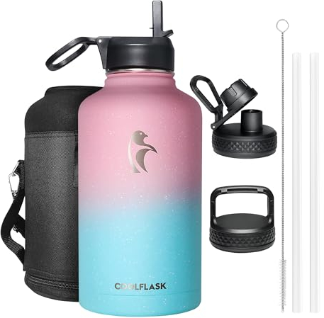 Coolflask Botella de Agua Aislada 2L, Botella de Agua Aislada Grande con Pajita y 3 Tapas, Botella de Agua de Acero Inoxidable al Vacío para Gimnasio, Deportes y Viajes, Estrellado Chicle