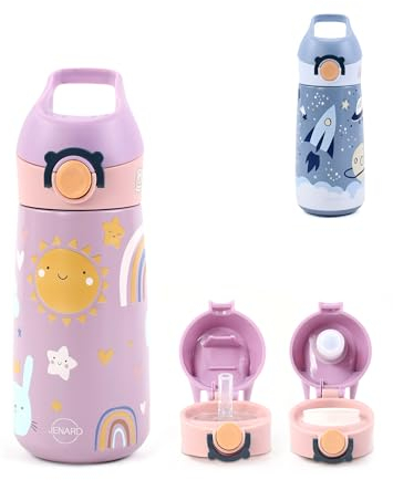 Jenard® Trinkflasche für Kinder aus doppelwandigem Edelstahl, 2 verschiedene Trinkaufsätze, auslaufsicher, kindgerecht, Skandi Design (Pink/Rosa, Regenbogen)