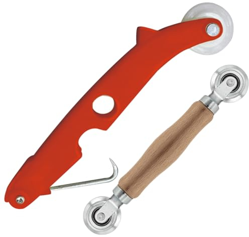 Set di 2 rulli di tenuta a doppia ruota, attrezzi per la riparazione della zanzariera, 2 in 1, con striscia di gomma, gancio e strumento per palo spline Roller con manico in legno