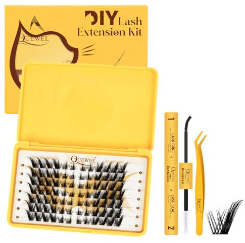 Kit de 84 grappes de cils QUEWEL 10-16 mm Ensemble de grappes de cils Fox Eye, cils moelleux avec pince à cils Lash Bond et Seal pour débutants (Fox-Kit-A)