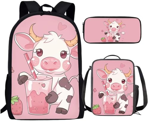 SCRAWLGOD Milchkuh-Rucksack für Kinder 8–10/10–12/6–8 mit Lunchbox, Erdbeere, Schüler-Büchertaschen für Mädchen der 3. Klasse, Lunch-Tasche, Herzform, Kinder-Büchertasche, Lunchbox, Federmäppchen,
