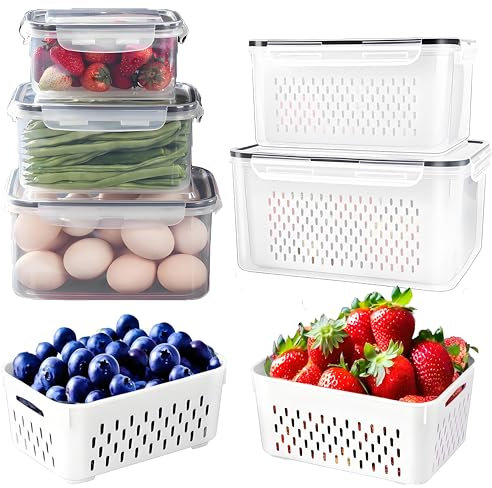 Kiswleon Frischhaltedosen mit Deckel und Abtropfkorb,5 Set Gemüse Aufbewahrung 0,8l+1,7l+3,15l+4,15l+6.2l,Aufbewahrung Kühlschrank,Kühlschrank Organizer Set für Kühlschränke, Schränke