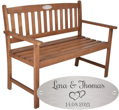 Sterngraf Bank zur Hochzeit mit Gravur zB. Herzen (Namen/Datum) Gartenbank Basic 110cm Akazie geölt, Edelstahlschild personalisiert, Bank Geschenk zur Vermählung