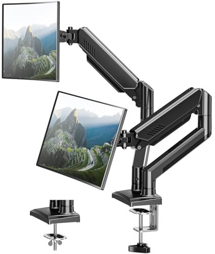 Soporte de escritorio para monitor dual, brazo ajustable para 2 monitores de hasta 32 pulgadas/20 libras, soporte de escritorio de doble monitor VESA con abrazadera en C y montaje de ojales, soporte