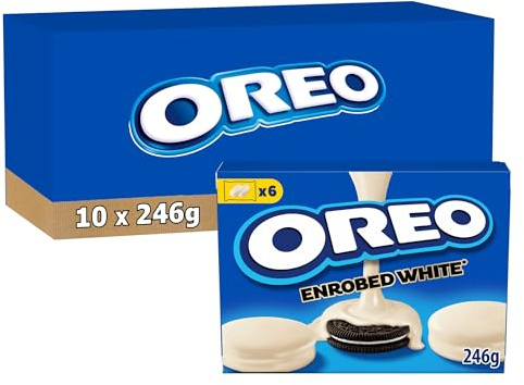OREO - 10 Boîtes de 6 Sachets de Biscuits Oreo Enrobé au Chocolat Blanc - Biscuit Cacaoté Fourré Goût Vanille Enrobé au Chocolat Blanc - Lot de Biscuits en Sachets Individuels - Lot 10x246g