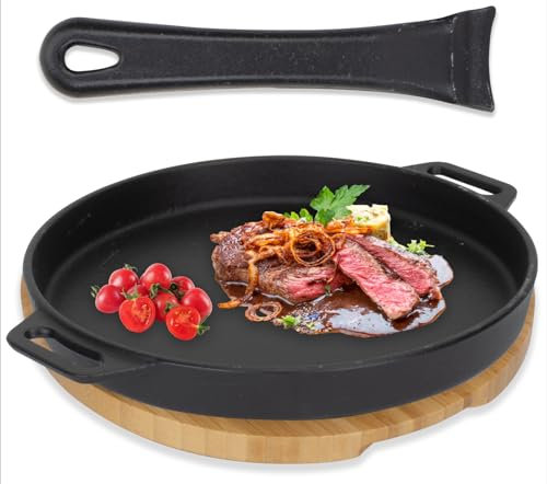 10 inch Round Cast Iron Skillet with Removable Handle for Pizza Oven and BBQ Accessories, Sizzler Pan Pizza Pan with Wooden Base for Outdoor, Oven Safe Skillet, Kitchen Saute Fry Pan for Stove Top