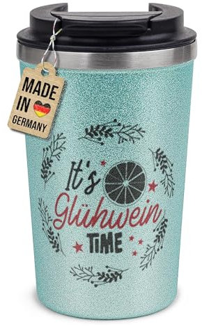 Tassendruck Glitzer To-Go Becher mit Spruch - It is Glühwein Time - Geschenk für Familie & Freunde, Geschenke zu Weihnachten | Nachhaltig, Thermobecher Edelstahl, Blau 300 ml
