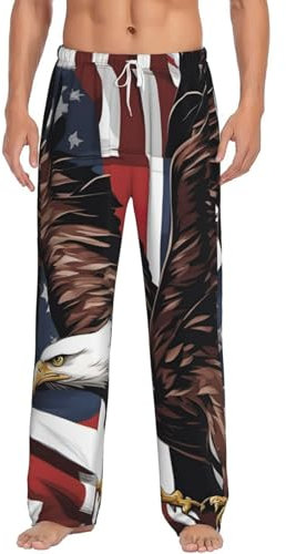 Hose für Herren, Motiv: Adler mit USA-Flagge, warme Pyjamahose, Schlafhose, leicht, mit Kordelzug, Weiss/opulenter Garten, Medium