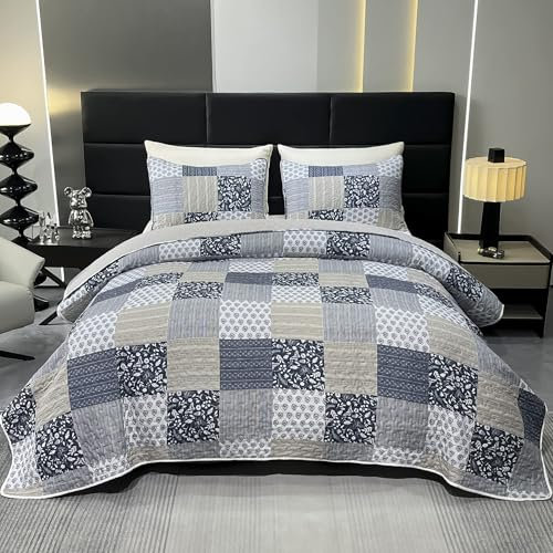DECMAY Tagesdecke 220x240 Grau Patchworkdecke Bettüberwurf Tagesdecke, Überwurfdecke Bett für Doppelbett, 3-teiliges Tagesdecke mit Kissen Set, Mikrofaser, Romantisches und gemütliches Design