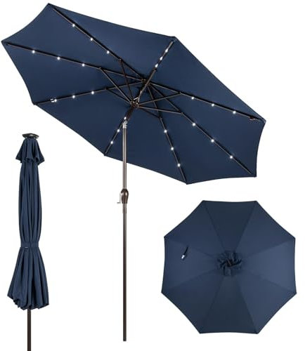 KOMFOTTEU Ombrellone da Giardino 3m, con Luci LED e Manovella, Ombrellone da Balcone Inclinabile Protezione UV, Ombrellone Parasole da Cortile con 8 Osse, per Terrazza, Spiaggia, Piscina (Blu Scuro)
