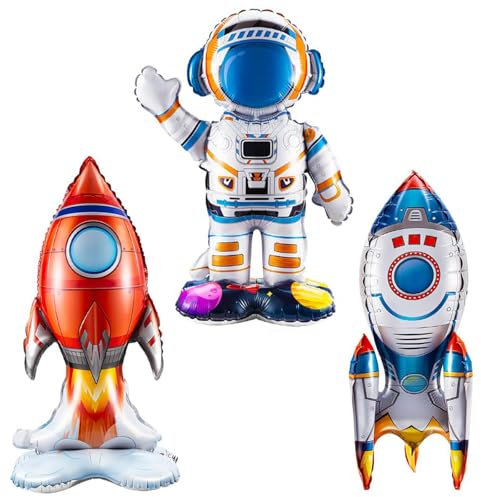 Folienballons Weltraum 4D, 3 Stück Luftballons Weltraumpartys Deko, Stehender Astronaut Rakete Raumschiff Balloons, XL Weltraum Folienballon für Kinder Geburtstagsparty, Weltraum Party