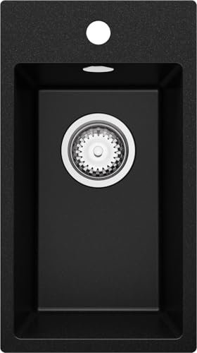 PRIMAGRAN Evier Cuisine en Granit Noir 28x50cm, Lavabo 1 bac + Kit de Vidage, Évier à Encastrer au meuble 30cm - Riga