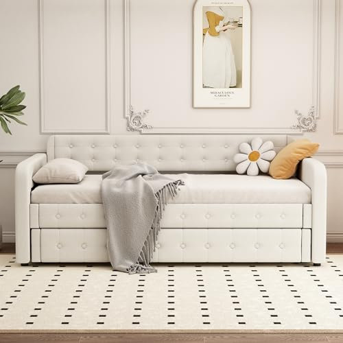 ANIROY Sofabett, Schlafsofa, Tagesbett mit Ausziehbares Rollbett, Großer Stauraum, 90 x 200cm (Hellbeige)