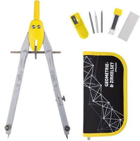 DynaTech Zirkel Geometrie-Set Gelb 13-teilig inkl. Schnellverstellzirkel mit Federmäppchen, 2 Ersatzminen, Etui und Zubehör für Schule Uni und Büro