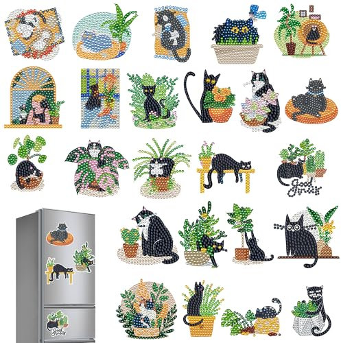 Cat Refrigerator Diamond Art Magnets - 24 Pcs Black Cat Theme Refrigerator Magnet Decorations Diamond Painting Fridge Sticker Crystal Kits Gift For Beginner Adult Craft DIY Home Decor Birthday Gift