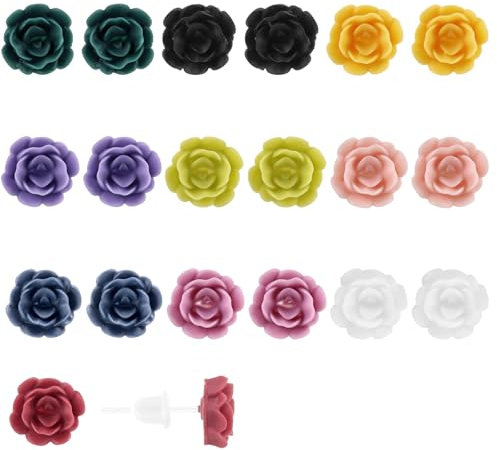 Mikovivi 10 Paires de Boucles d'Oreilles Roses en Plastique, Couleurs Assorties Jolies Boucles d'Oreilles à Tige en Forme de Fleur Bijoux Floraux Légers pour Oreilles Sensibles pour Femmes