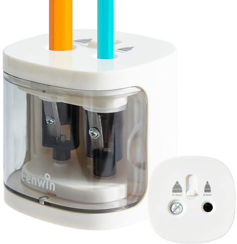 tenwin Elektrischer Bleistiftspitzer, batteriebetriebener Spitzer mit zwei Löchern für 6-12mm No.2/Buntstifte, langlebige Klinge zum schnellen Anspitzen, geeignet für Klassenzimmer/Büro/Haus (Weiß)