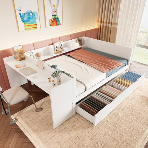 RIAZOS Kinderbett 140x200 mit Regale und Schreibtisch, Einzelbett mit 2 Schubladen, Tagesbett mit Lattenrost, Massivholz Kiefer Holzbett, Multifunktionsbett, ohne Matratze, Weiß
