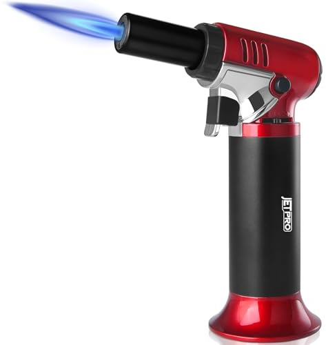 Butan Fackel Feuerzeug nachfüllbar mit verstellbarer Flamme Küche Fackel für Creme Brulee Backen BBQ Kochen Löten Einhandbetrieb mit Kraftstofffenster Sicherheitsschloss (Butan Gas nicht enthalten)