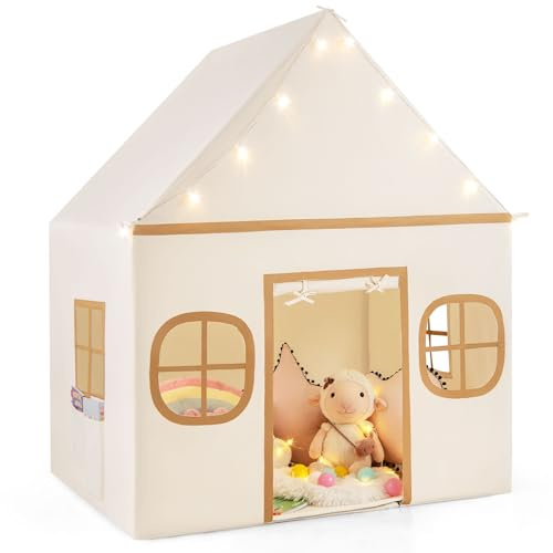 COSTWAY Spielhaus Kinder Indoor, Kinderzelt mit Sternlichter & Gepolsterte Matte, Spielzelt mit Türvorhang & Fenstern, Kinderspielhaus für Jungen & Mädchen ab 3 Jahren (Beige)