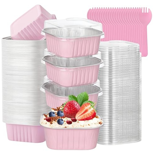 50Pcs Mini Cake Cases with Lids and Spoons, 150ml Reusable Aluminum Square Baking Cups, Aluminum Foil Baking Pans, Small Loaf Cups Tart Pie Cupcake Containers for Bread Dessert (Pink - Square)
