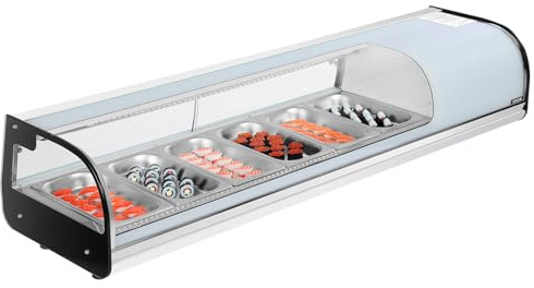 VEVOR Sushi Display Case Refrigerator, 2.2 Cu.ft Commercial Sushi Case, 6-Pan Countertop Showcase with Curved Glass, LED Lighting, and Digital Temperature Control, for Sushi-Bar, Restaurant, Store