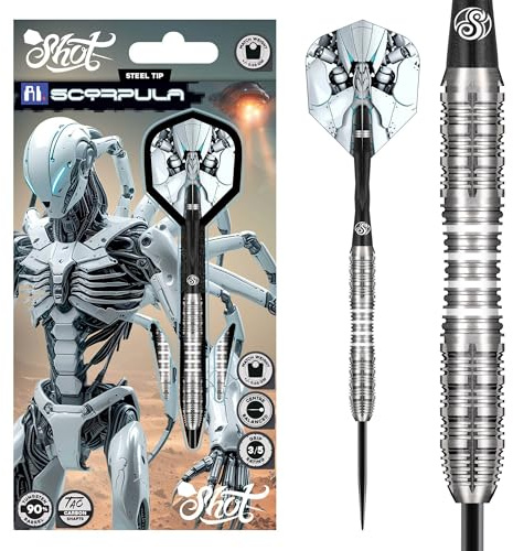 Shot! AI Scorpula Dartpfeile mit Stahlspitze, 90 % Wolfram, handgefertigt, professionelles Dart-Set & Flights, hergestellt in Neuseeland, Metallspitze für Borsten-Dartscheibe