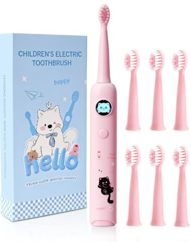 Huedbeads Kids Electric Toothbrush, Sonic Rechargeable Toothbrush with 6 Replacement Heads, Soft Bristle, IPX7 Waterproof, LED Display, Oral Care for Toddlers & Children Aged 2+ Years (Pink)