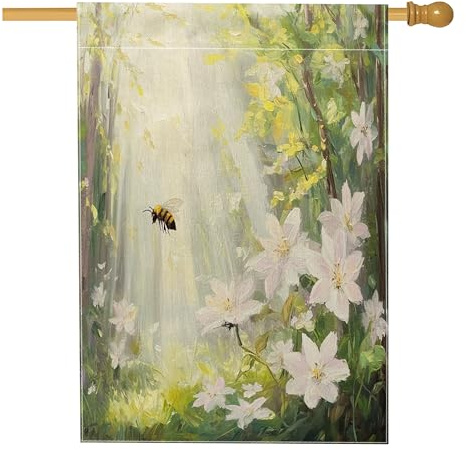 Spring Clematis Hausflaggen, 71,1 x 101,6 cm, doppelseitig für draußen, Wald, Blumen, Szene, Bienen, Leinen, vertikale Leinwand, Heimflaggen, Blumenvorgarten, Hinterhof-Druck