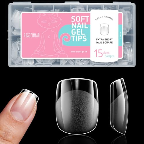 540 Stück Extra Short Oval Square Nail Tips, Press on Nails Kurz, Nageltips für Gelnägel Quadratische Nagelspitzen Tips, DIY Full Cover Nail Tipss(15 Größen) (Extra kurze oval quadratische Nägel)