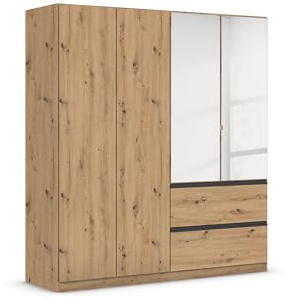 Rauch Möbel Costa, Kleiderschrank, Farbe Eiche Artisan, Breite 181 cm | Schrank, 4-türig, Spiegel, 2 Schubladen, Push-to-open, Zubehör Classic, für Schlafzimmer, Kinderzimmer, Babyzimmer, Garderobe