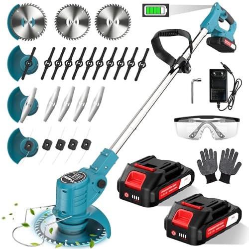 X-cotec Rasentrimmer mit Akku Mit 2 Akku & 4 Klingentypen, Blau | Akku Rasentrimmer, Verstellbarer Stiel, Teleskopgriff 71–106cm, 9000 U/min Motor, für Rasenschneiden, Garten