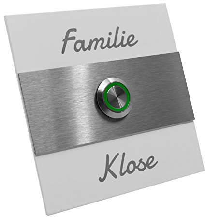 Edelstahl Türklingel Bremen mit Gravur. 10x10 cm LED Klingeltaster in grün. Klingel V2A Edelstahl, weiss pulverbeschichtet.