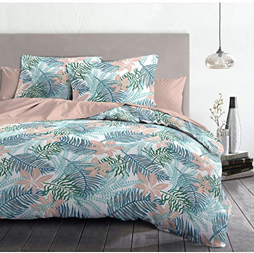 Home Linge Passion Bettbezug, 3-teilig, 100% Baumwolle, 57 Fäden/cm², für Doppelbett, 220 x 240 cm, Amazona, Weiß und Koralle