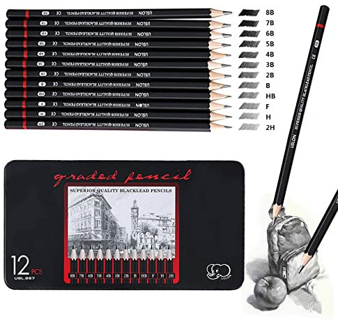 ariel-gxr Bleistift Set,12 Stück Zeichenstifte Skizzierstifte Set 8B 7B 6B 5B 4B 3B 2B B HB H 2H 4H Professionelle Bleistifte für Kinder Erwachsene Künstler Studenten Anfänger