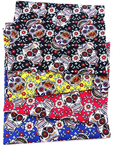 Myhozee Baumwollstoff, Totenkopf-Motiv, 50 x 50 cm, 100 % Popeline, zum Nähen von Masken, Hemden, Kleidung, Tasche und alle Bastelarbeiten, 4 Stück